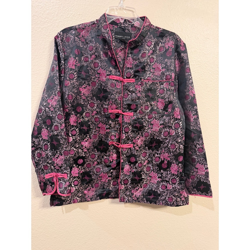 Robert Louis Womens Small Asian Floral Brocade Jacket Pink Black Frog Closure